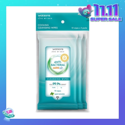 WATSONS Anti-Bacterial Cooling Cleansing Wipe Mint Pack Set (To Gently Cleanses & Leaves Skin Feeling Fresh) 10s x 3 Pack