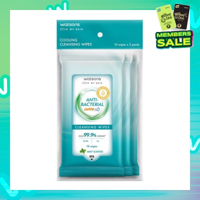 WATSONS Anti-Bacterial Cooling Cleansing Wipe Mint Pack Set (To Gently Cleanses & Leaves Skin Feeling Fresh) 10s x 3 Pack