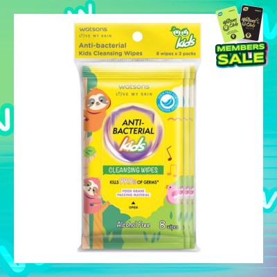 WATSONS Anti-Bacterial Kids Cleansing Wipe Pack Set (Alcohol Free & Food Grade Packing Material) 8s x 3 Pack