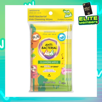 WATSONS Anti-Bacterial Kids Cleansing Wipe Pack Set (Alcohol Free & Food Grade Packing Material) 8s x 3 Pack