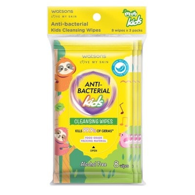 WATSONS Anti-Bacterial Kids Cleansing Wipe Pack Set (Alcohol Free & Food Grade Packing Material) 8s x 3 Pack