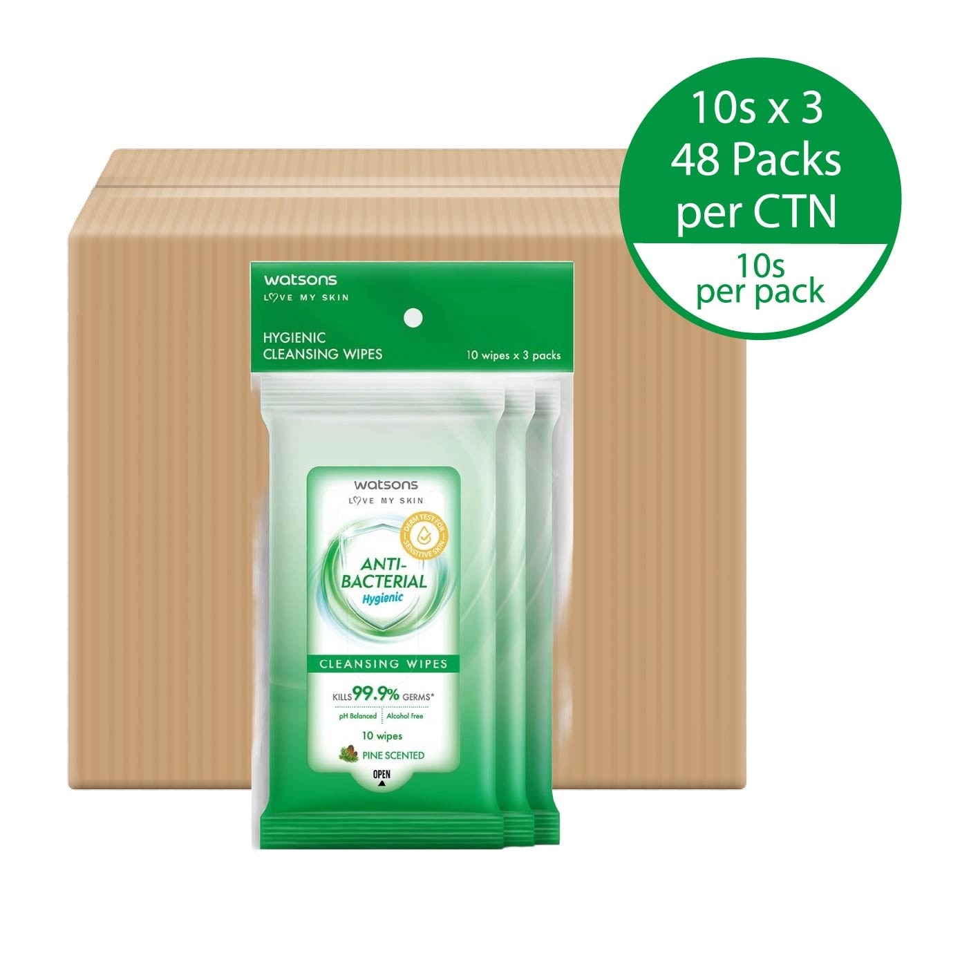 Anti Bacterial Cleansing Wipes Pine (Kills 99.9% Germs, Alcohol Free) 10s x 3 Pack x 48 (Per Carton)