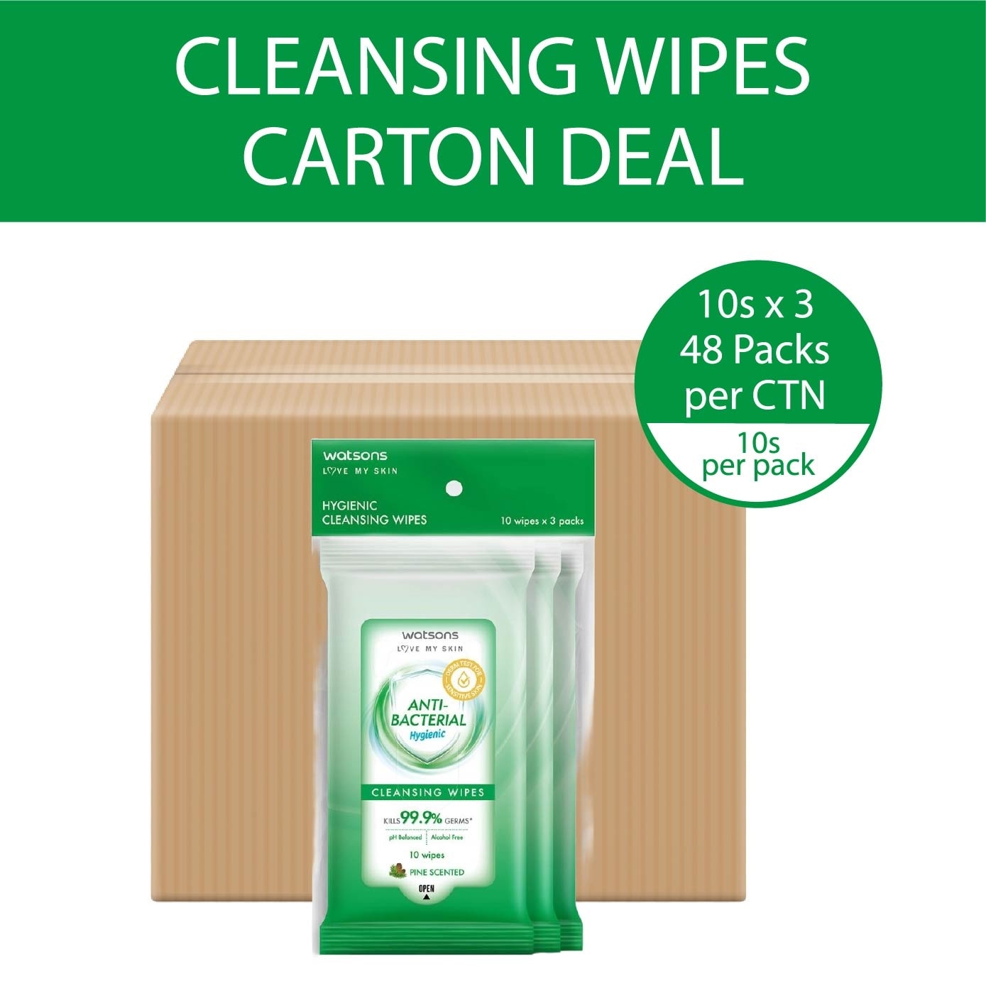 Anti Bacterial Cleansing Wipes Pine (Kills 99.9% Germs, Alcohol Free) 10s x 3 Pack x 48 (Per Carton)