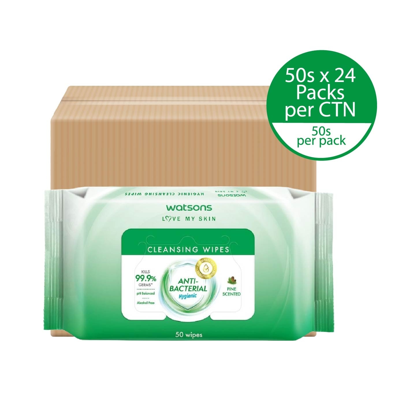 Anti Bacterial Cleansing Wipes Pine (Kills 99.9% Germs, Alcohol Free) 50s x 24 Pack (Per Carton)