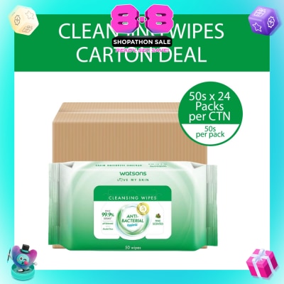 WATSONS - Anti Bacterial Cleansing Wipes Pine (Kills 99.9% Germs, Alcohol Free) 50s x 24 Pack (Per Carton)