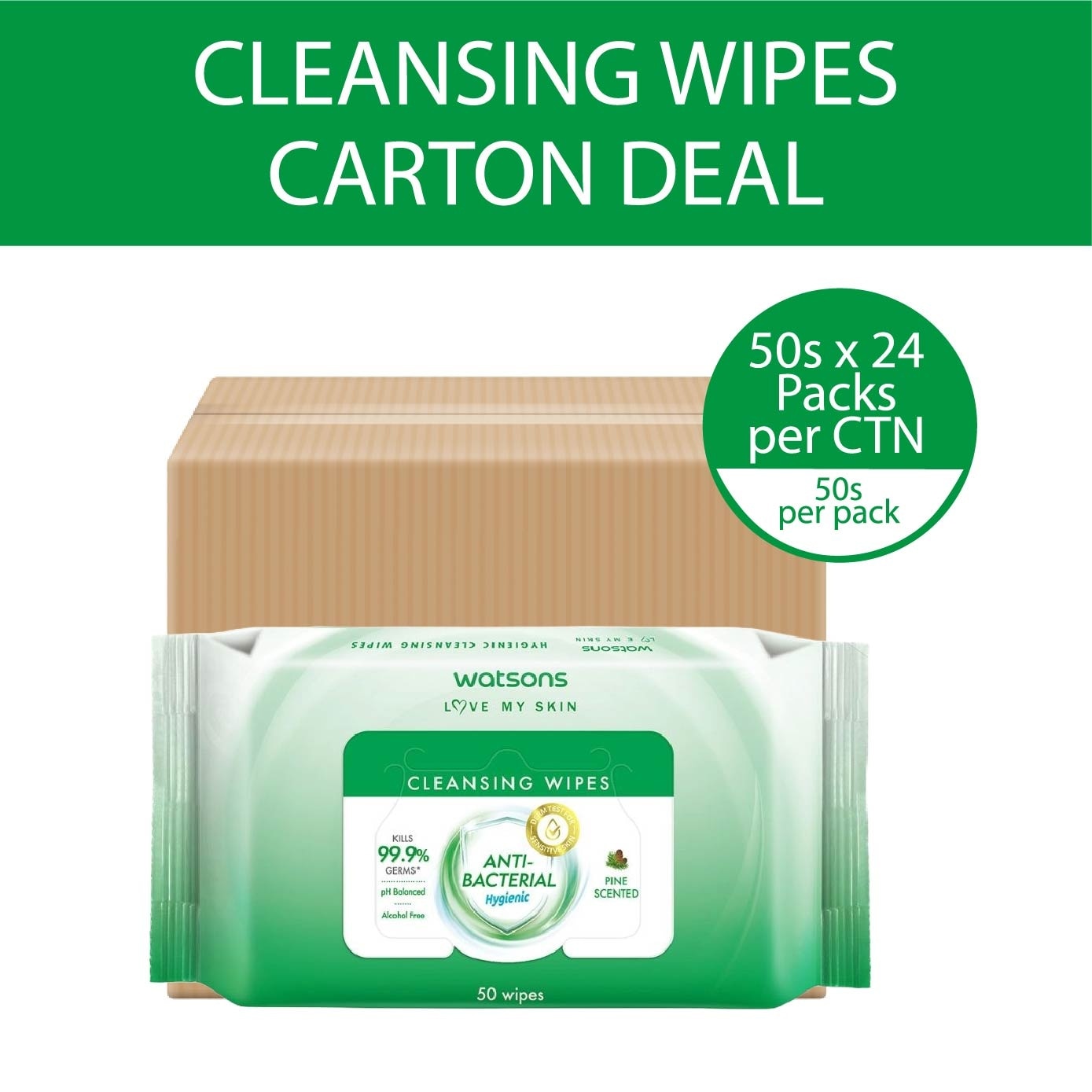 Anti Bacterial Cleansing Wipes Pine (Kills 99.9% Germs, Alcohol Free) 50s x 24 Pack (Per Carton)