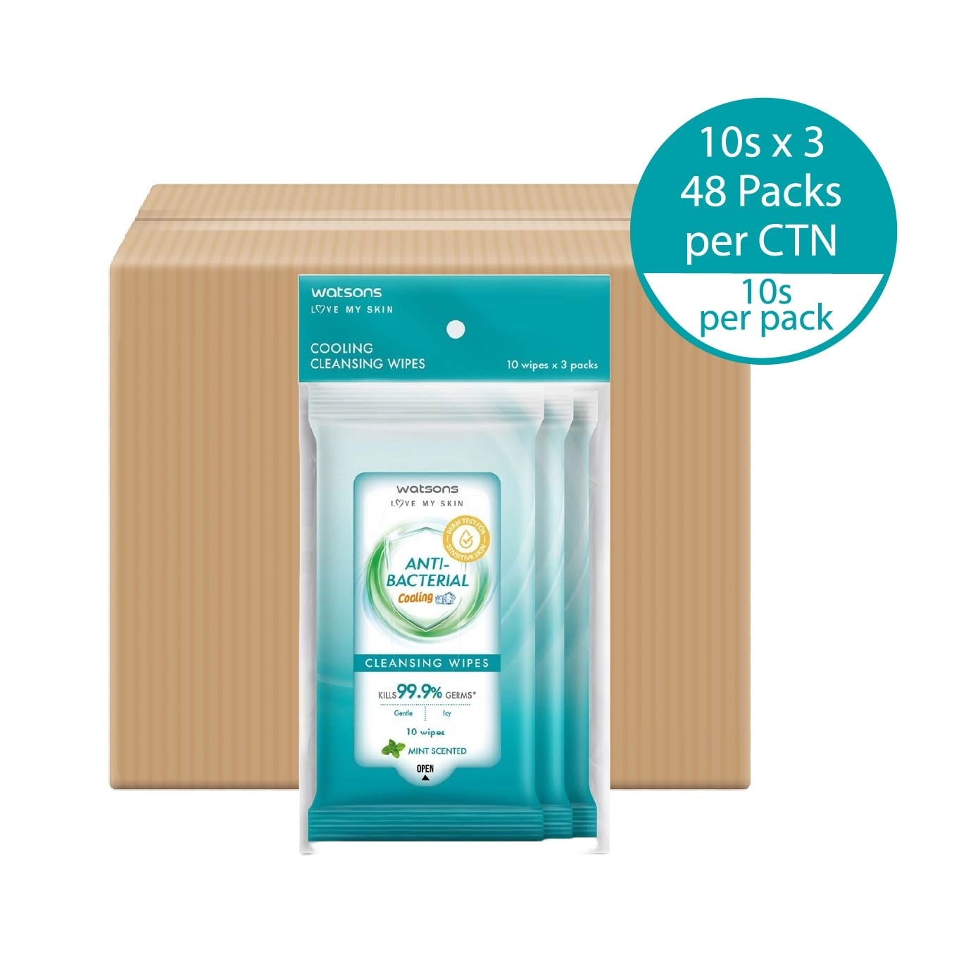 Anti Bacterial Cooling Cleansing Wipe Mint (Kills 99.9% Germs, Alcohol Free) 10s x 3 Pack x 48 (Per Carton)