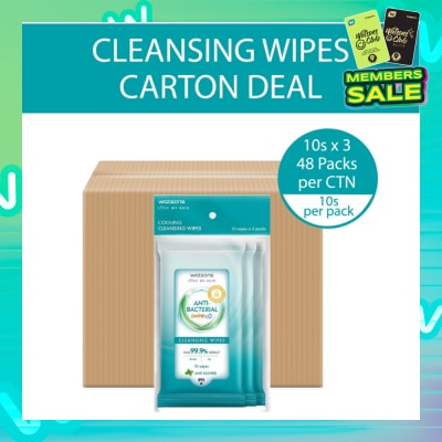 WATSONS Anti Bacterial Cooling Cleansing Wipe Mint (Kills 99.9% Germs, Alcohol Free) 10s x 3 Pack x 48 (Per Carton)