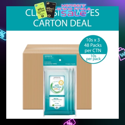 WATSONS Anti Bacterial Cooling Cleansing Wipe Mint (Kills 99.9% Germs, Alcohol Free) 10s x 3 Pack x 48 (Per Carton)