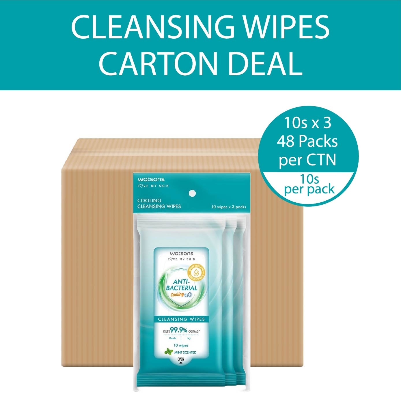 Anti Bacterial Cooling Cleansing Wipe Mint (Kills 99.9% Germs, Alcohol Free) 10s x 3 Pack x 48 (Per Carton)