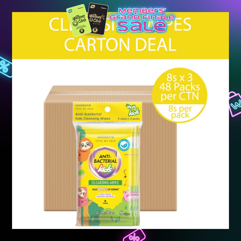Anti Bacterial Kids Cleansing Wipe (Kills 99.9% Germs, Alcohol Free) 8s x 3 Pack x 48 (Per Carton)