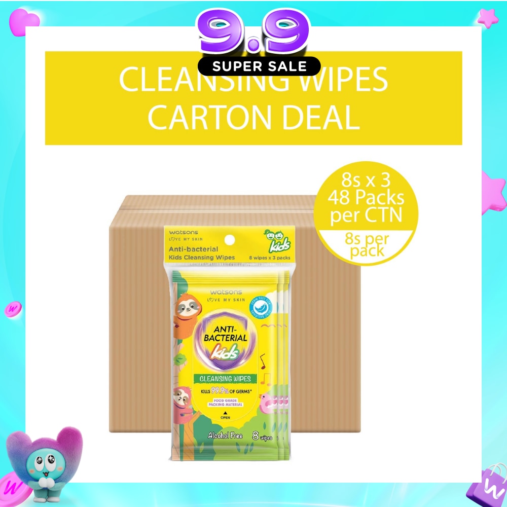 Anti Bacterial Kids Cleansing Wipe (Kills 99.9% Germs, Alcohol Free) 8s x 3 Pack x 48 (Per Carton) image