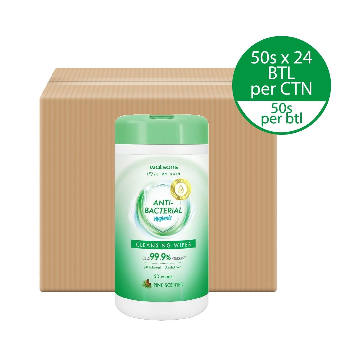 Anti Bacterial Cleansing Wipes Pine Cannister (Kills 99.9% Germs, Alcohol Free) 50s x 24 Pack (Per Carton)