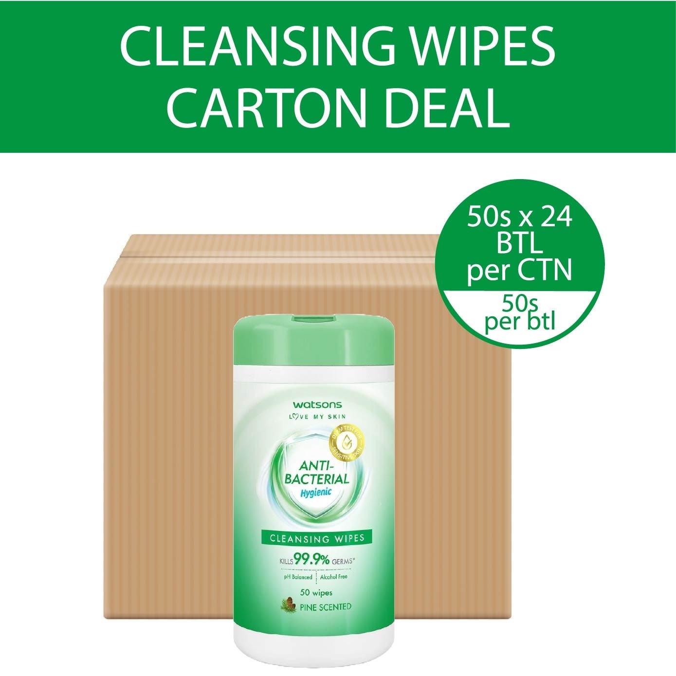 Anti Bacterial Cleansing Wipes Pine Cannister (Kills 99.9% Germs, Alcohol Free) 50s x 24 Pack (Per Carton)