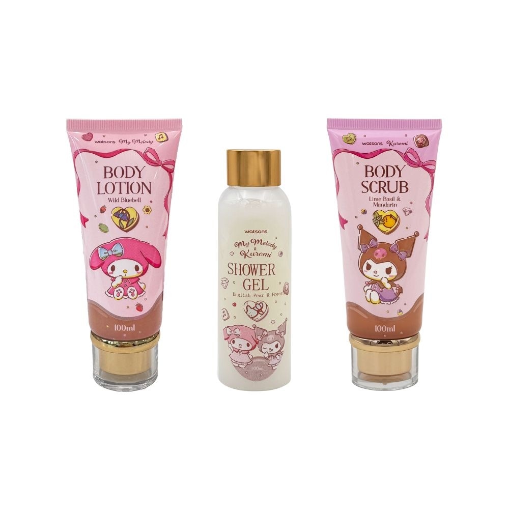 [XMAS GIFT] My Melody & Kuromi Bath Packset consists Wild Bluebell Body Lotion 100ml + English Pear & Freesia Shower Gel 100ml + Lime Basil & Mandarin Body Scrub 100ml