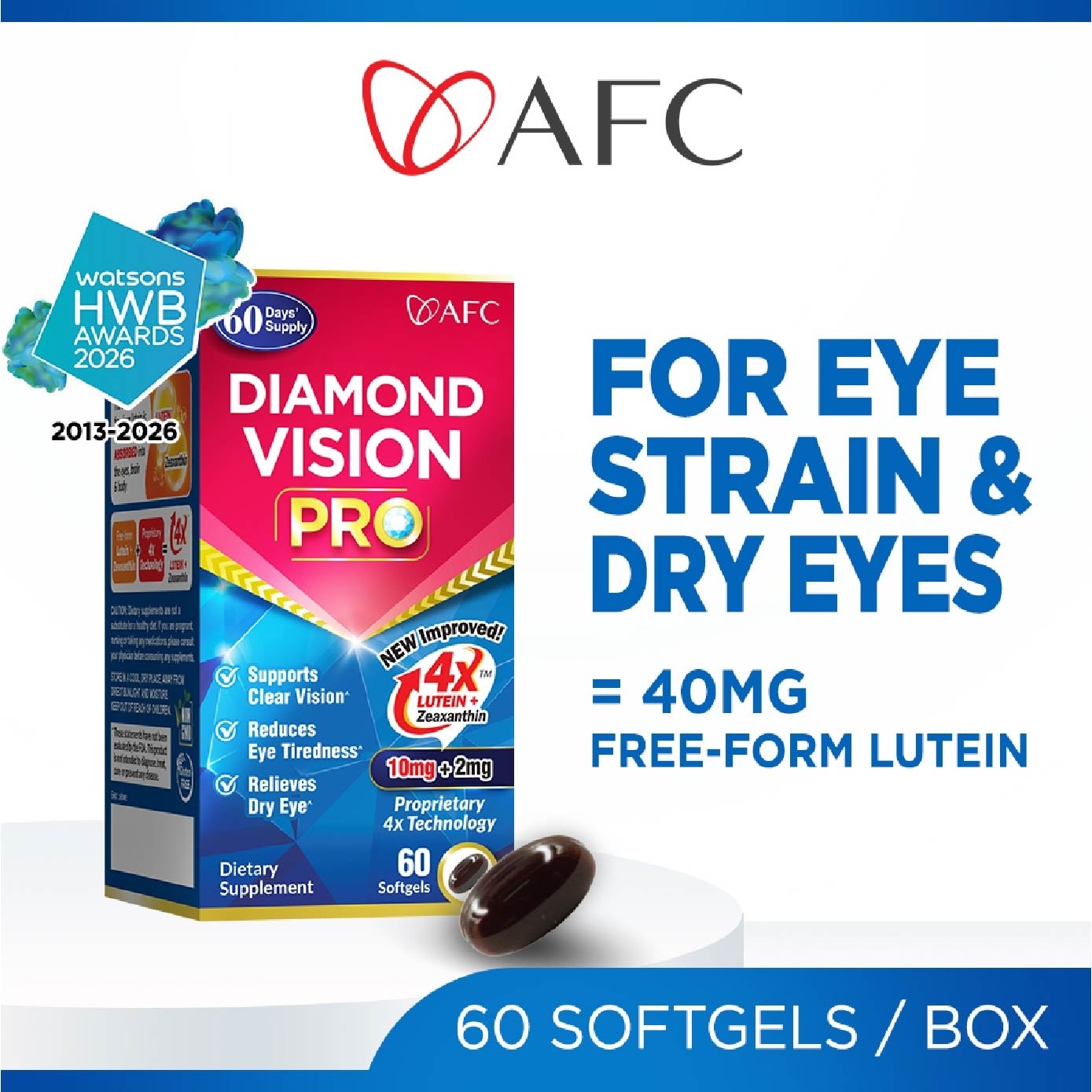 Diamond Vision PRO 4X Lutein Zeaxanthin Eye Supplement Softgel (Eye Strain, Dry Eye, Blurred Vision, Blue Light Protection) 60s