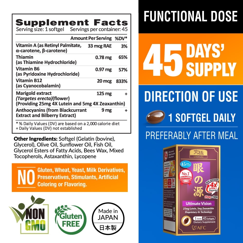 Ultimate Vision 4X Dietary Supplement Softgel (Lutein+Zeaxanthin 4X Eye Supplement for Cataract, Floaters, Glaucoma, Blurred Vision, Eye Strain, Eye Fatigue) 45s