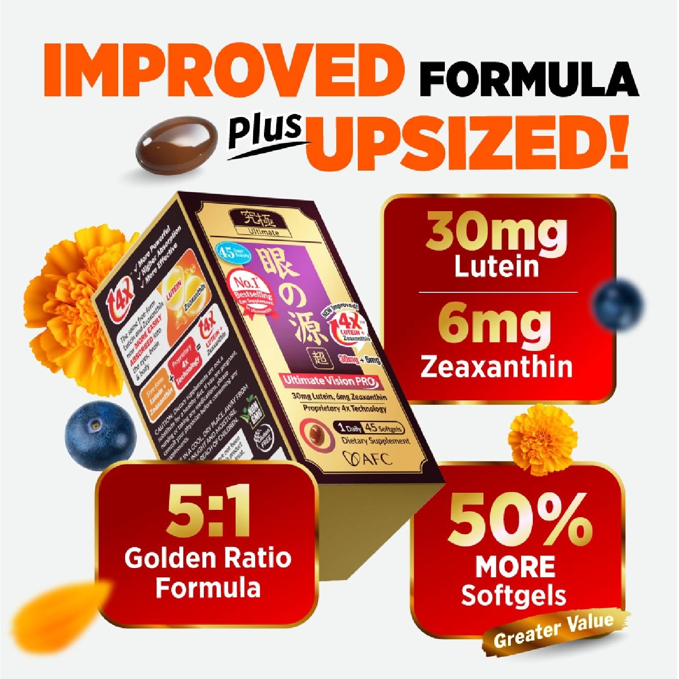 Ultimate Vision PRO 30mg 4X Lutein Zeaxanthin Intensive Eye Health Supplement (Age-Related Vision Concerns) 45s