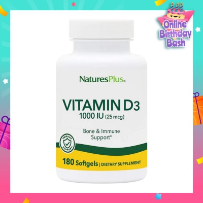 NATURE'S PLUS Dietary Supplement Vitamin D3 1000IU Softgels Gluten Free with Bioavailable D3 Active Form 180s
