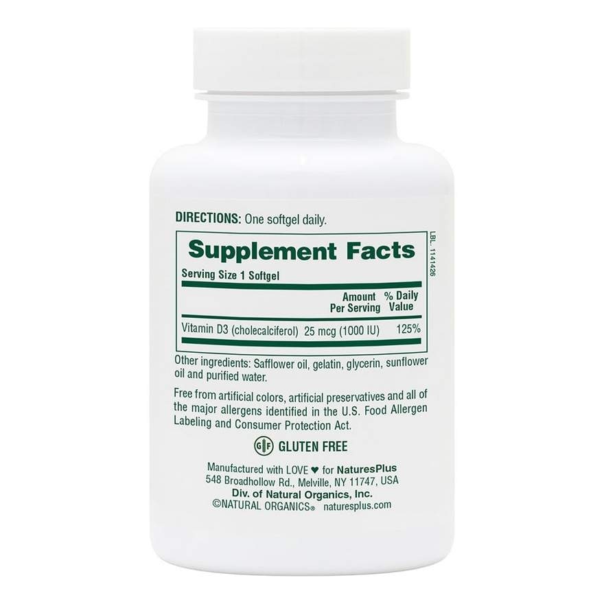 Dietary Supplement Vitamin D3 1000IU Softgels Gluten Free with Bioavailable D3 Active Form 180s