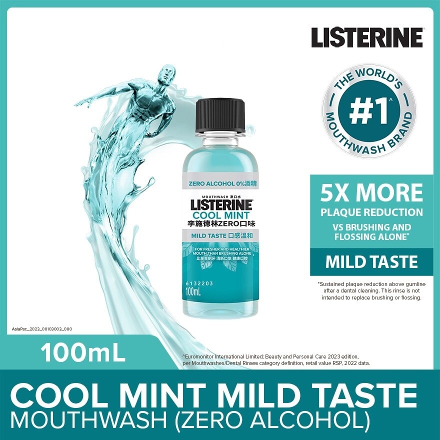 Zero Non Alcohol Mouthwash Cool Mint Less Intense Taste (Kills 99.9% Germs That Causes Bad Breath) 100ml