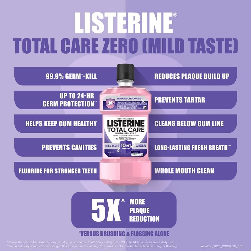 Total Care Zero Mouthwash Non Alcohol With 6-In-1 Benefits (Reduce Plaque Freshen Breath And Help Keep Teeth Naturally White for 12Hr Protection) 100ml