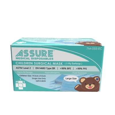 ASSURE 3ply Surgical Disposable Face Mask Earloop For Children/Kids (BFE >99% + PFE >99%) 50s