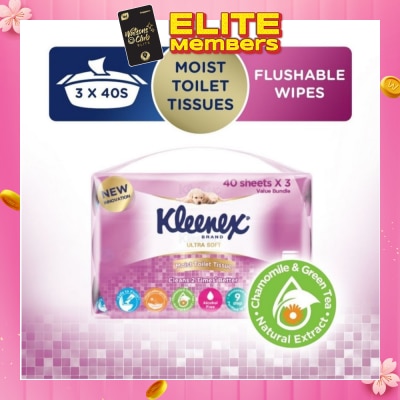 KLEENEX Ultra Soft Wet Toilet Tissues Flushable Wipes 40s x 3pack