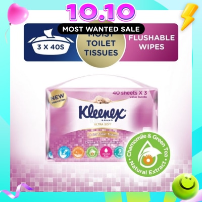 KLEENEX Ultra Soft Wet Toilet Tissues Flushable Wipes 40s x 3pack image