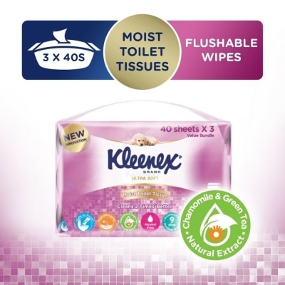 KLEENEX Ultra Soft Wet Toilet Tissues Flushable Wipes 40s x 3pack