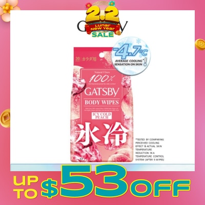 GATSBY Icy Cold Body Wipes Paper Freeze Peach Scent (Removes Sweat & Body Odour) 30s