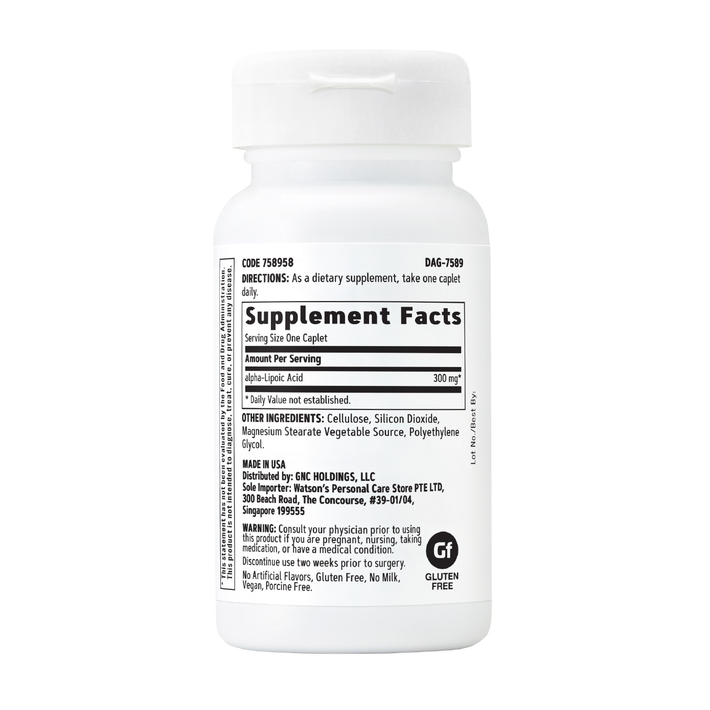 Alpha-Lipoic Acid 300mg Caplet 60s (Vegan, Gluten Free, No Artifical Flavors, No Milk, Porcine Free)