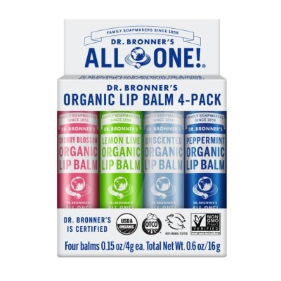 DR BRONNER'S Christmas 2024 Organic Lip Balm Packset (Cherry Blossom, Lemon Line, Unscented & Peppermint) 4s