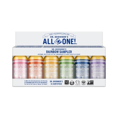 DR BRONNER'S Christmas 2024 Rainbow Sampler Pure-Castile Soap Bottle Packset (Cherry Blossom, Tea Tree, Citrus, Green Tea, Peppermint & Lavender) 6s