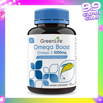 GREENLIFE Omega Boost 1000mg Fish Oil Enriched With Vitamin D3 & E Dietary Supplement Softgel (To Support Cardiovascular Wellness, Brain, Nervous System Function, Eyes, Vision, Skin Integrity, Immune & Musculoskeletal Wellbeing) 120s