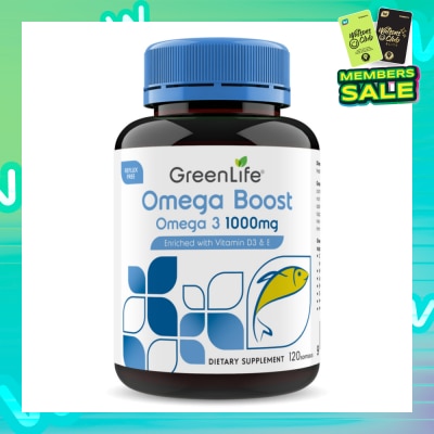 GREENLIFE Omega Boost 1000mg Fish Oil Enriched With Vitamin D3 & E Dietary Supplement Softgel (To Support Cardiovascular Wellness, Brain, Nervous System Function, Eyes, Vision, Skin Integrity, Immune & Musculoskeletal Wellbeing) 120s