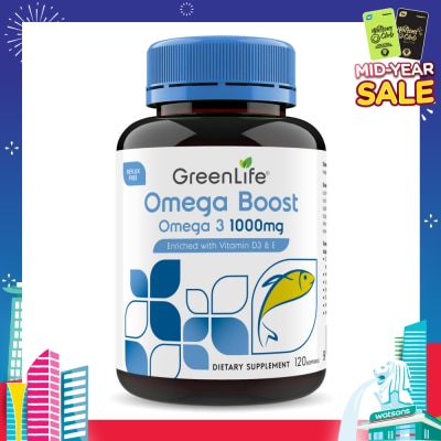 GREENLIFE Omega Boost 1000mg Fish Oil Enriched With Vitamin D3 & E Dietary Supplement Softgel (To Support Cardiovascular Wellness, Brain, Nervous System Function, Eyes, Vision, Skin Integrity, Immune & Musculoskeletal Wellbeing) 120s