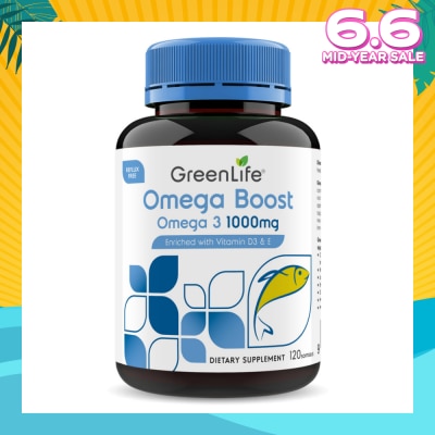 GREENLIFE Omega Boost 1000mg Fish Oil Enriched With Vitamin D3 & E Dietary Supplement Softgel (To Support Cardiovascular Wellness, Brain, Nervous System Function, Eyes, Vision, Skin Integrity, Immune & Musculoskeletal Wellbeing) 120s