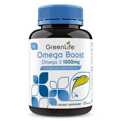 GREENLIFE Omega Boost 1000mg Fish Oil Enriched With Vitamin D3 & E Dietary Supplement Softgel (To Support Cardiovascular Wellness, Brain, Nervous System Function, Eyes, Vision, Skin Integrity, Immune & Musculoskeletal Wellbeing) 120s