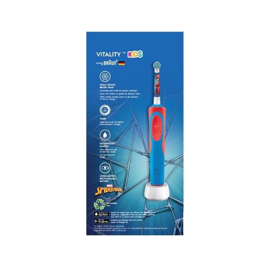 Vitality Kids Spider Man Electric Toothbrush & 2 Refill Brush Heads (Free Kiztopia Voucher) 1s