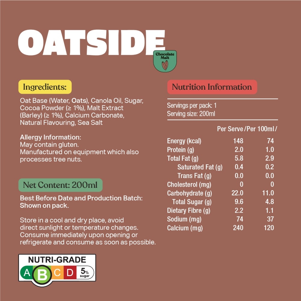 Chocolate Malt Oat Milk (Dairy Free, Creamy & Lactose Free) 200ml x 24s (Per Carton)