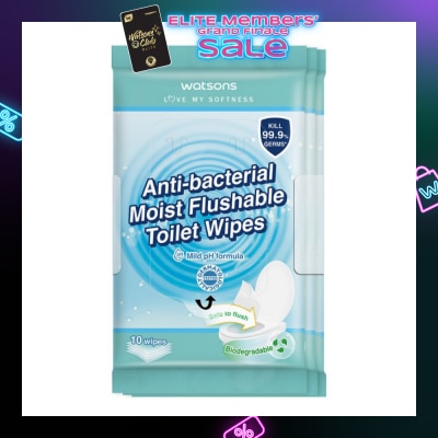WATSONS Anti-Bacterial Moist Flushable Toilet Wipes (Mild pH Formula, Dermatologically Tested & Biodegradable) 10s x 3