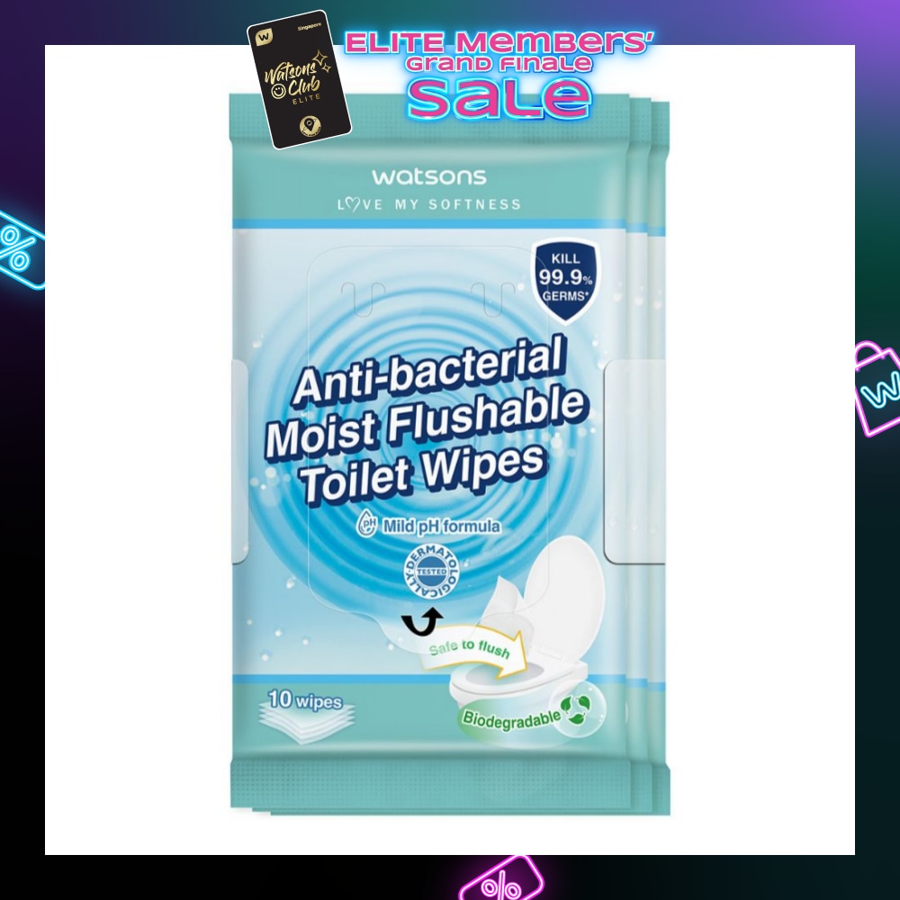 Anti-Bacterial Moist Flushable Toilet Wipes (Mild pH Formula, Dermatologically Tested & Biodegradable) 10s x 3