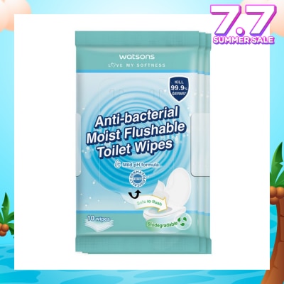 WATSONS Anti-Bacterial Moist Flushable Toilet Wipes (Mild pH Formula, Dermatologically Tested & Biodegradable) 10s x 3