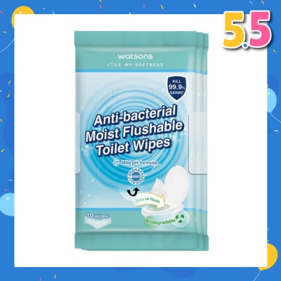 WATSONS Anti-Bacterial Moist Flushable Toilet Wipes (Mild pH Formula, Dermatologically Tested & Biodegradable) 10s x 3