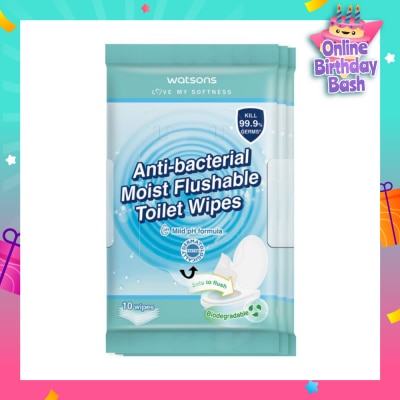 WATSONS Anti-Bacterial Moist Flushable Toilet Wipes (Mild pH Formula, Dermatologically Tested & Biodegradable) 10s x 3
