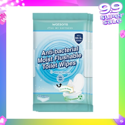 WATSONS Anti-Bacterial Moist Flushable Toilet Wipes (Mild pH Formula, Dermatologically Tested & Biodegradable) 10s x 3