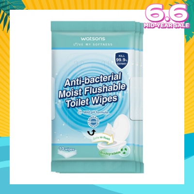 WATSONS Anti-Bacterial Moist Flushable Toilet Wipes (Mild pH Formula, Dermatologically Tested & Biodegradable) 10s x 3