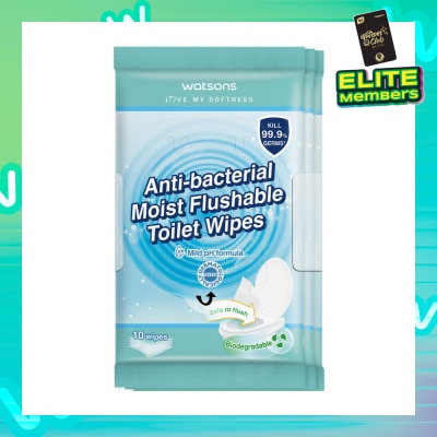 WATSONS Anti-Bacterial Moist Flushable Toilet Wipes (Mild pH Formula, Dermatologically Tested & Biodegradable) 10s x 3