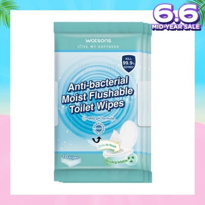 WATSONS Anti-Bacterial Moist Flushable Toilet Wipes (Mild pH Formula, Dermatologically Tested & Biodegradable) 10s x 3